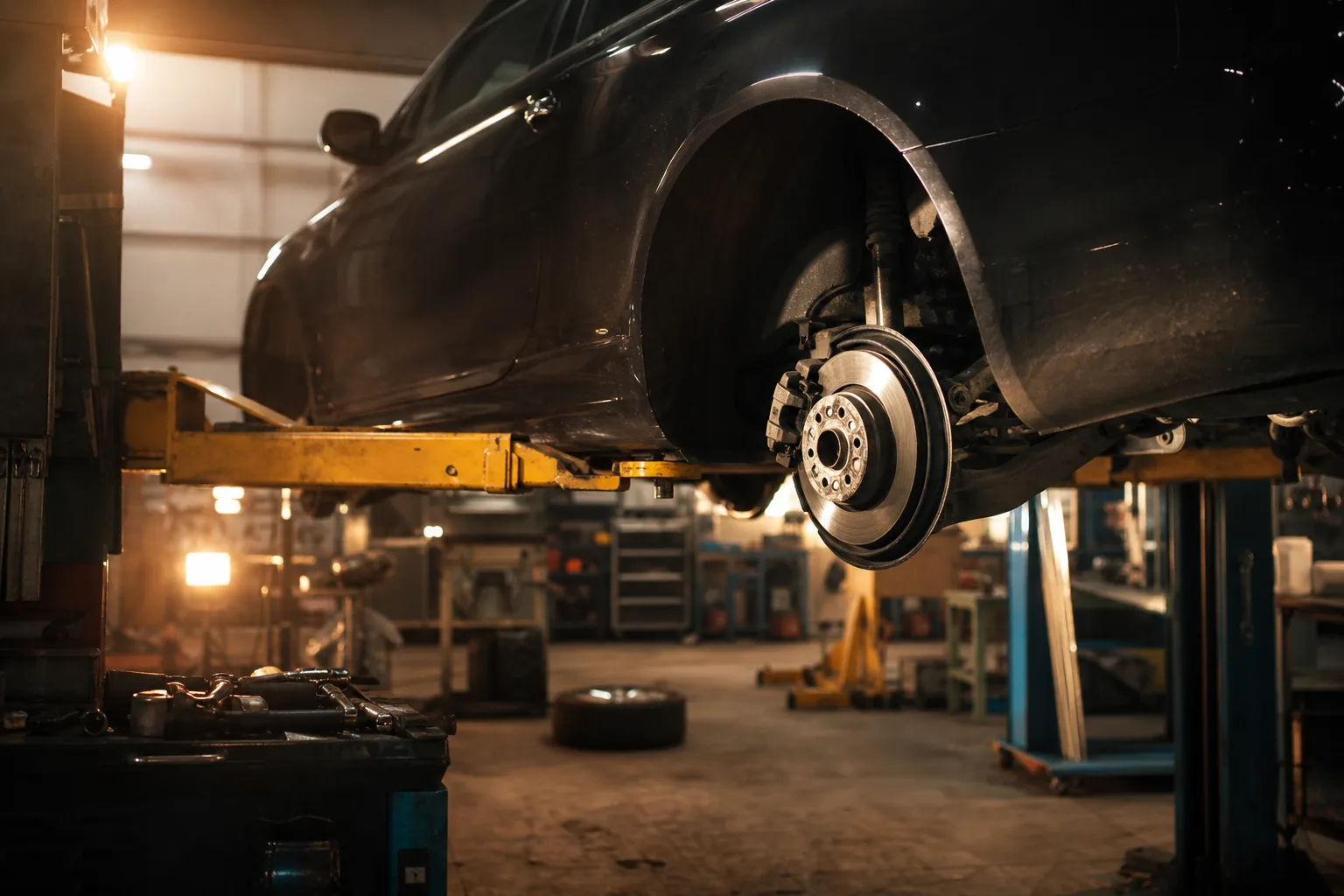 Auto na podnośniku w zaciemnionym garażu z przysłoniętym napędem, miniatura 1536×1024 px, WebP