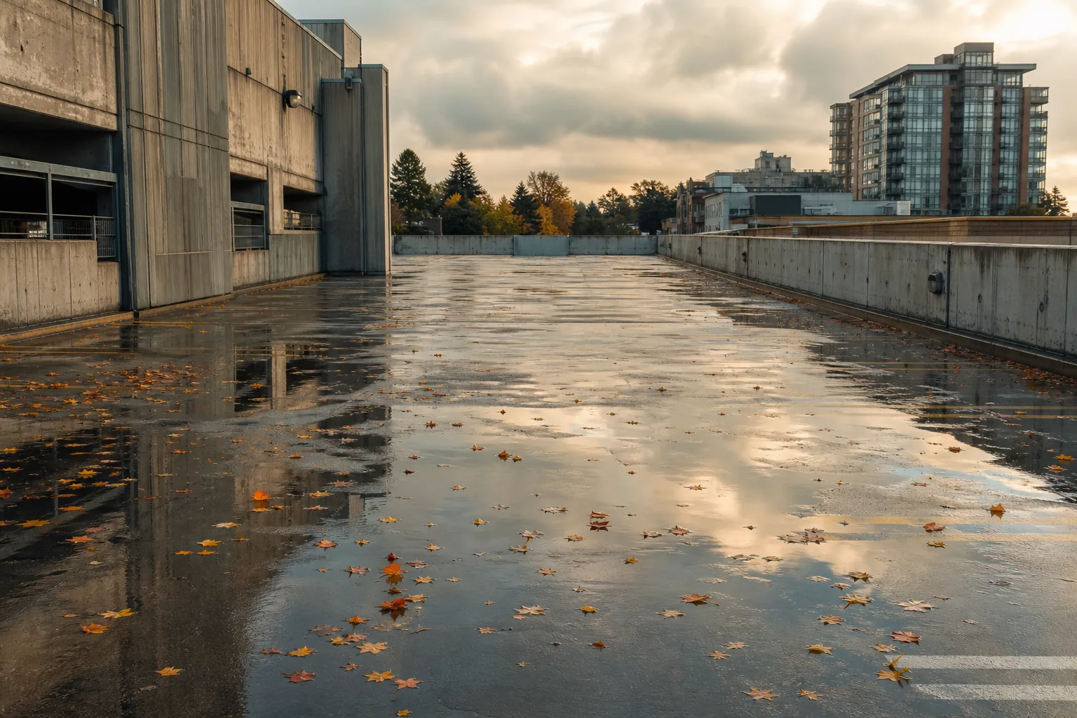Miejski parking z mokrym betonem i spadającymi liśćmi w lightroomowym świetle, miniatura 1536×1024 px, WebP