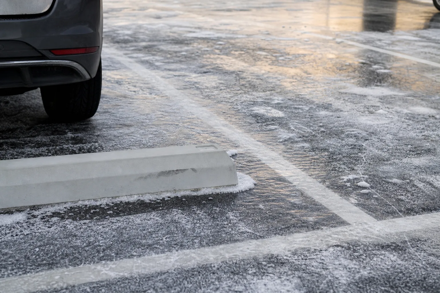 Zimowy parking z przymrożonym asfaltem i śladami lekkich stłuczek, miniatura artykułu 1536×1024 px, WebP